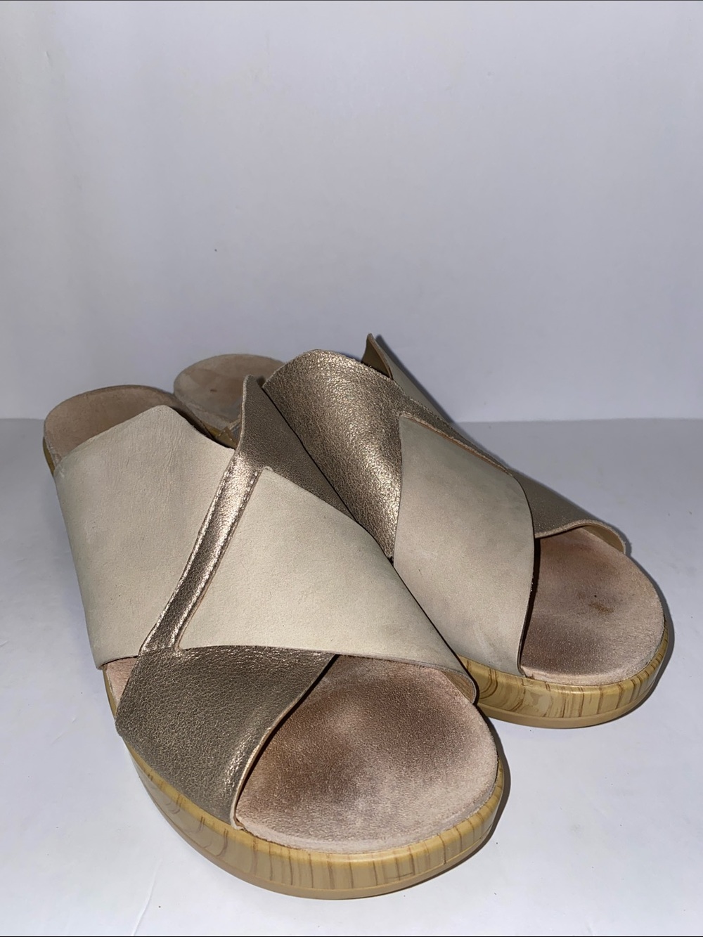 Dansko Miri Leather Slide Clogs in Metallic Gold and Cream